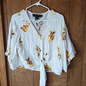 Polly Esther Women’s White Yellow Floral Tie Front Short Sleeve Top Size S